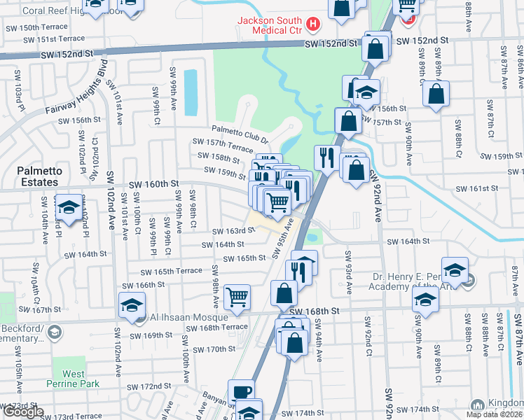 map of restaurants, bars, coffee shops, grocery stores, and more near 9701 Southwest 161st Street in Miami