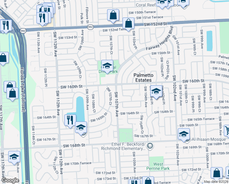 map of restaurants, bars, coffee shops, grocery stores, and more near 16015 Southwest 107th Avenue in Miami