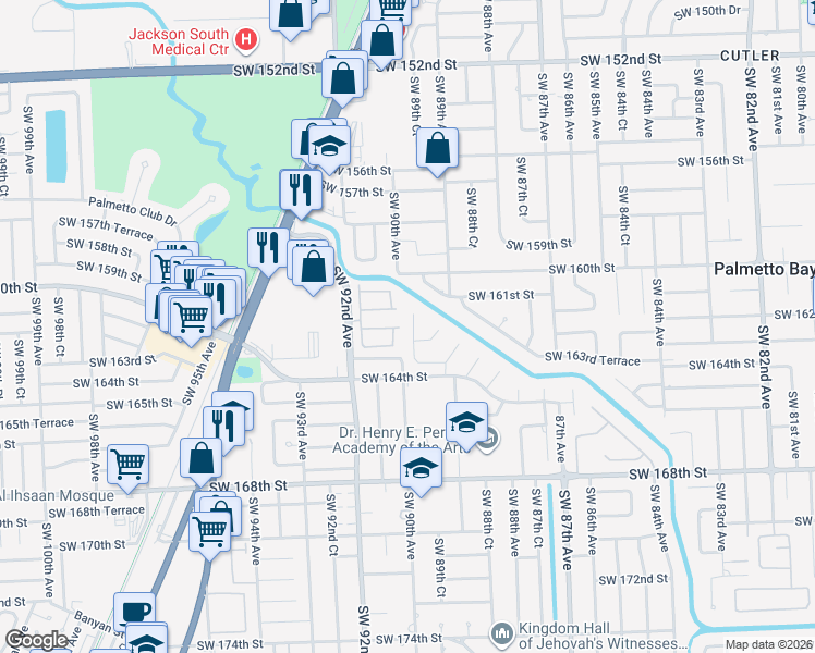 map of restaurants, bars, coffee shops, grocery stores, and more near 16215 Southwest 89th Place in Palmetto Bay