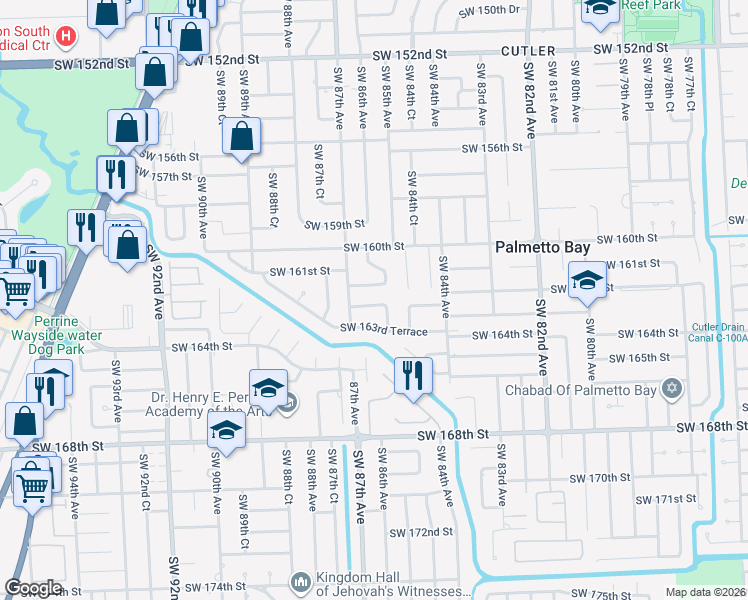 map of restaurants, bars, coffee shops, grocery stores, and more near 8640 Southwest 161st Terrace in Palmetto Bay