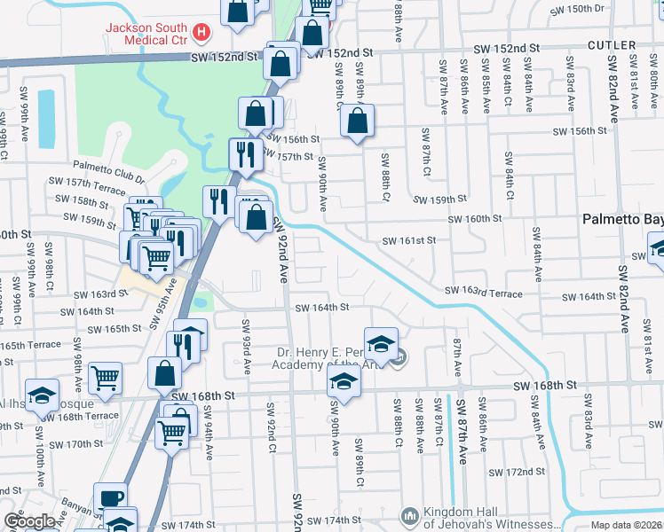 map of restaurants, bars, coffee shops, grocery stores, and more near 16215 Southwest 89th Place in Palmetto Bay