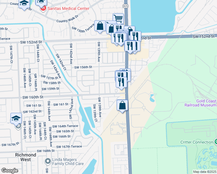 map of restaurants, bars, coffee shops, grocery stores, and more near 13802 Southwest 158th Terrace in Miami