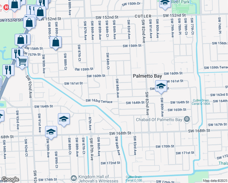 map of restaurants, bars, coffee shops, grocery stores, and more near 8411 Southwest 162nd Terrace in Palmetto Bay