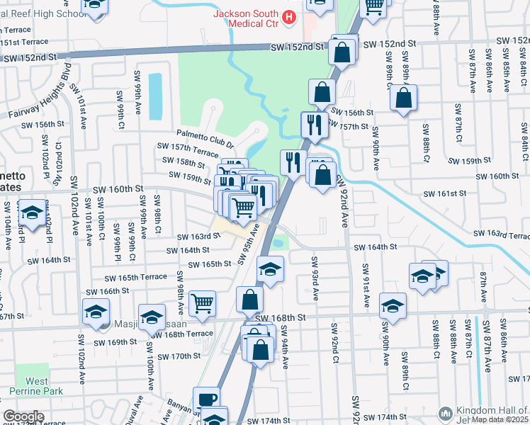 map of restaurants, bars, coffee shops, grocery stores, and more near 9485 Southwest 160th Street in Miami