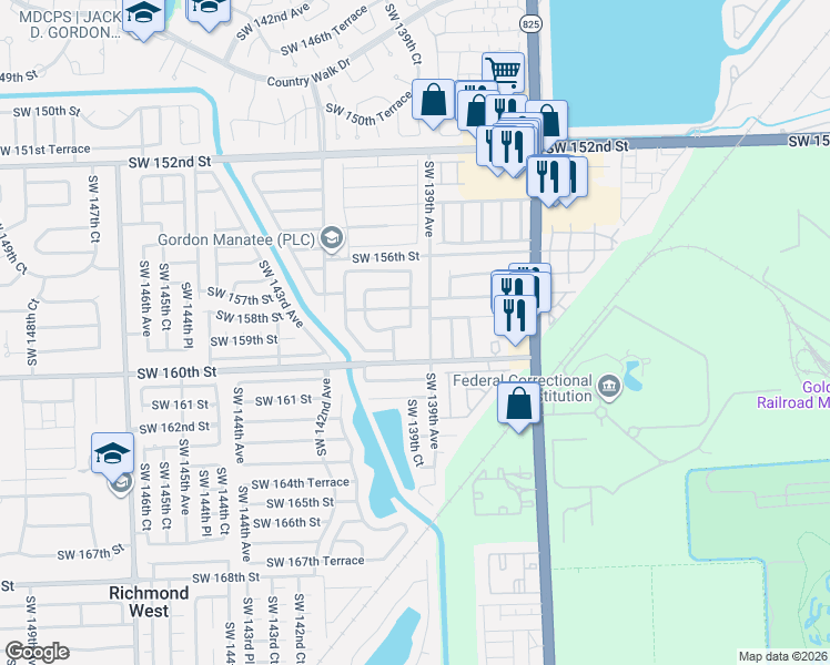 map of restaurants, bars, coffee shops, grocery stores, and more near 13910 Southwest 158th Terrace in Miami