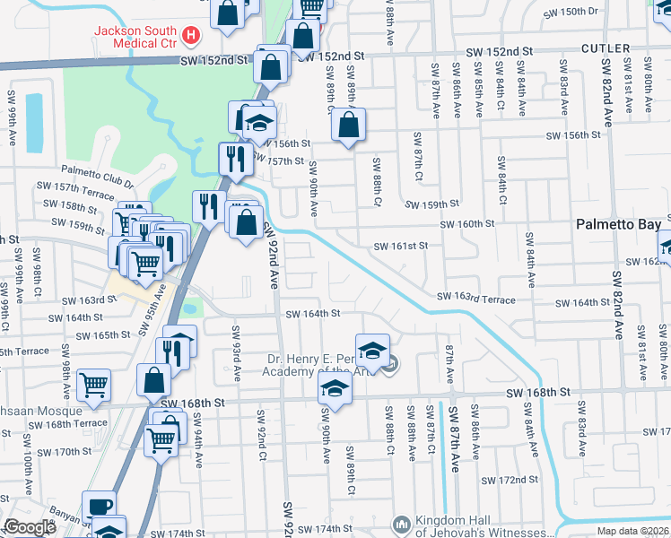 map of restaurants, bars, coffee shops, grocery stores, and more near 16215 Southwest 89th Place in Palmetto Bay