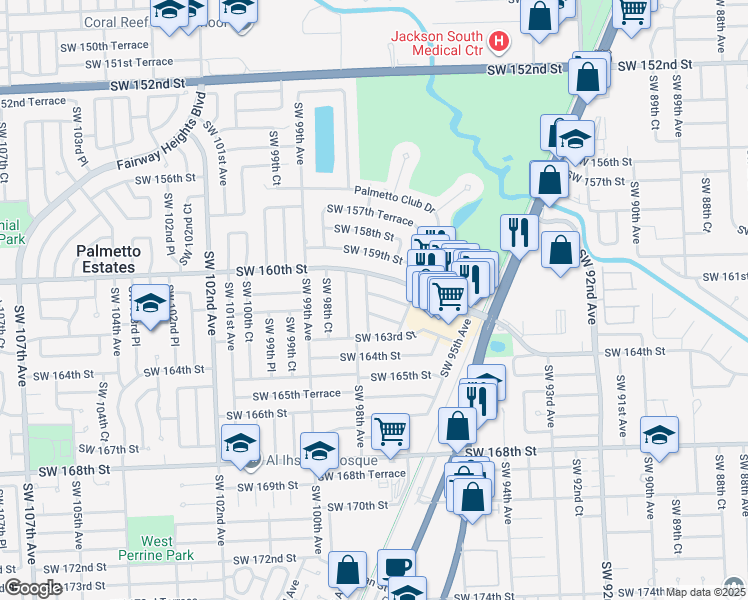 map of restaurants, bars, coffee shops, grocery stores, and more near 9750 Southwest 161st Street in Miami