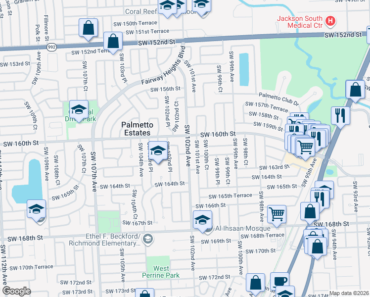 map of restaurants, bars, coffee shops, grocery stores, and more near 16100 SW 102nd Ave in Miami