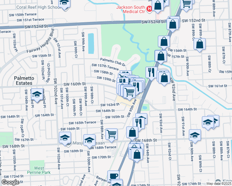 map of restaurants, bars, coffee shops, grocery stores, and more near 9701 Southwest 161st Street in Miami