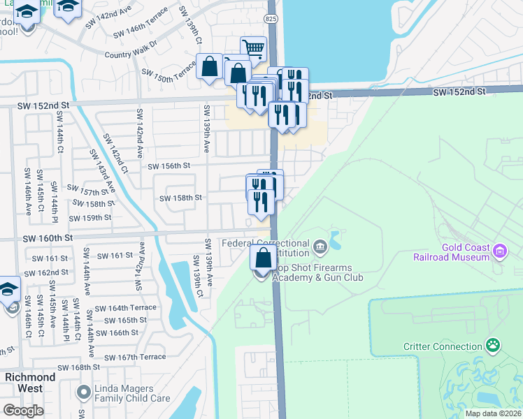 map of restaurants, bars, coffee shops, grocery stores, and more near 15816 Southwest 137th Avenue in Miami