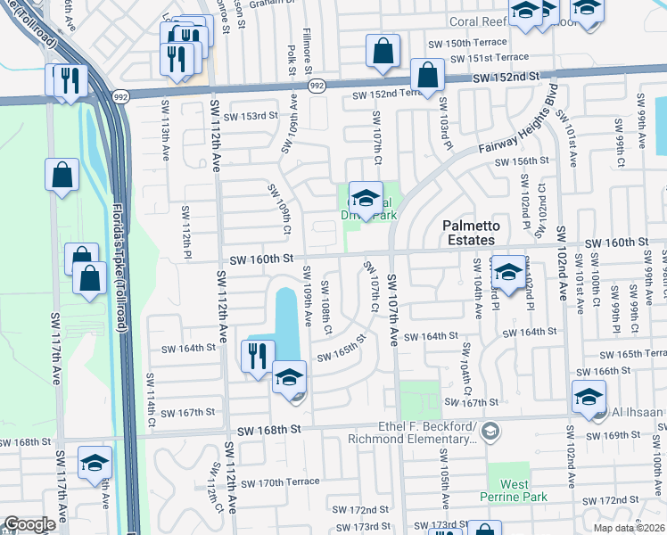 map of restaurants, bars, coffee shops, grocery stores, and more near 16030 SW 108th Ave in Miami