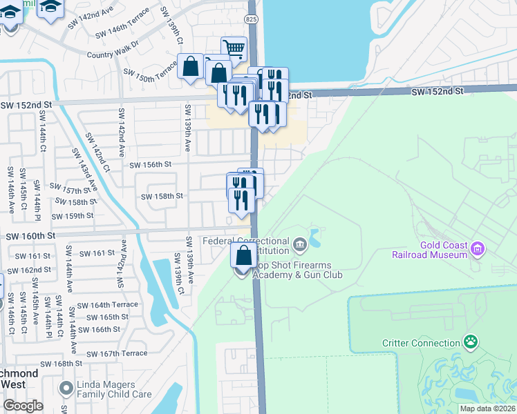 map of restaurants, bars, coffee shops, grocery stores, and more near 15816 Southwest 137th Avenue in Miami
