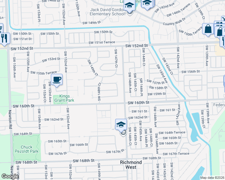 map of restaurants, bars, coffee shops, grocery stores, and more near 14721 Southwest 158th Street in Miami
