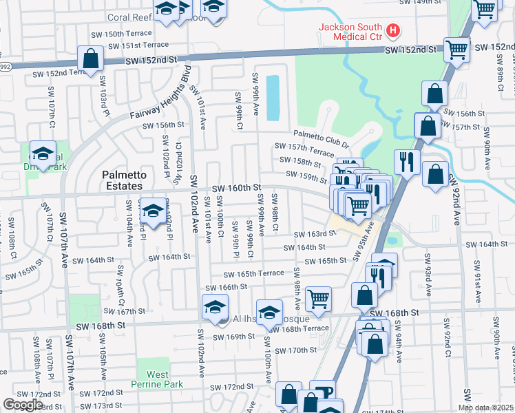 map of restaurants, bars, coffee shops, grocery stores, and more near 9900 Southwest 161st Street in Miami