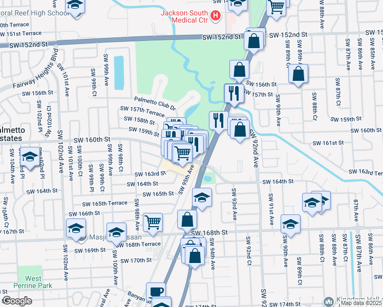 map of restaurants, bars, coffee shops, grocery stores, and more near 9485 Southwest 160th Street in Miami