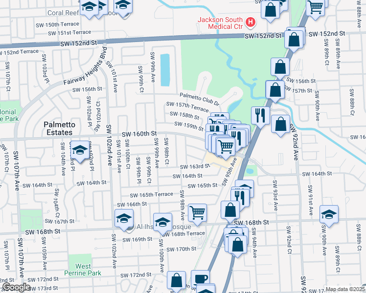 map of restaurants, bars, coffee shops, grocery stores, and more near 9750 Southwest 161st Street in Miami
