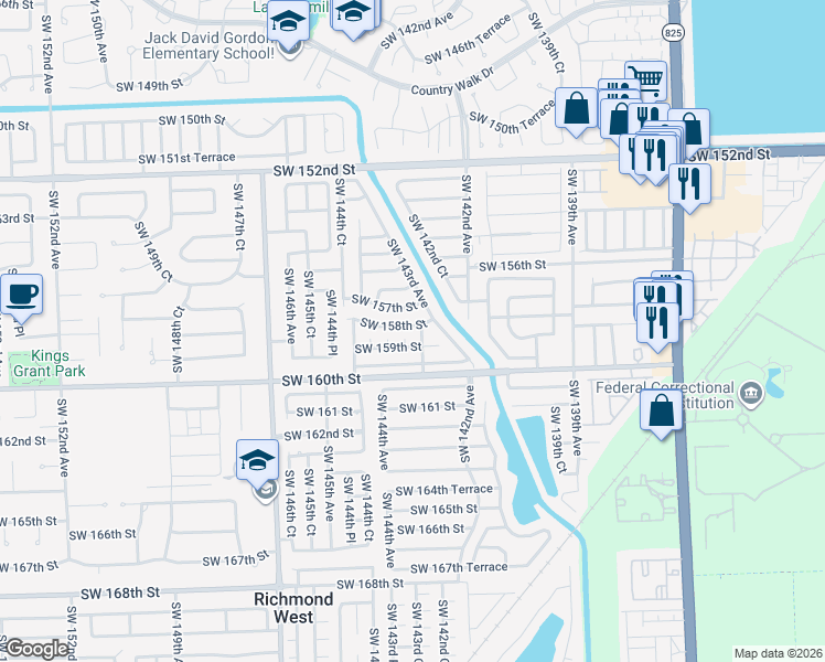 map of restaurants, bars, coffee shops, grocery stores, and more near 14332 Southwest 158th Street in Miami