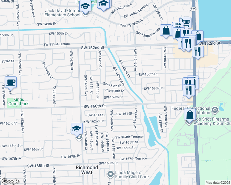 map of restaurants, bars, coffee shops, grocery stores, and more near 14402 Southwest 158th Street in Miami