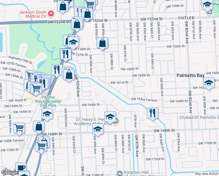 map of restaurants, bars, coffee shops, grocery stores, and more near 16120 Southwest 88th Avenue Road in Palmetto Bay
