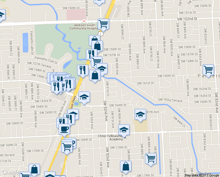 map of restaurants, bars, coffee shops, grocery stores, and more near 9058 Southwest 161st Terrace in Palmetto Bay