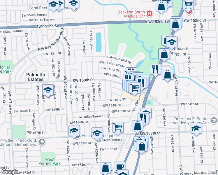 map of restaurants, bars, coffee shops, grocery stores, and more near 9750 Southwest 161st Street in Miami