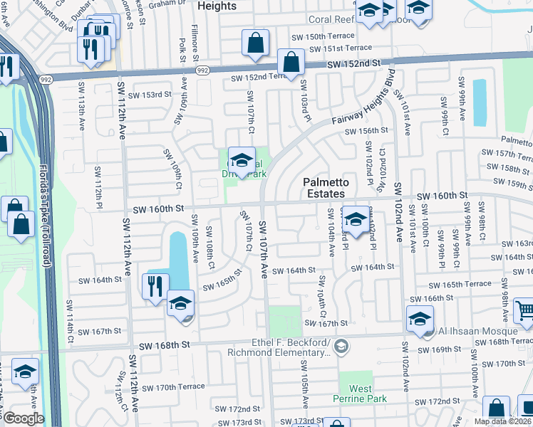 map of restaurants, bars, coffee shops, grocery stores, and more near 16015 Southwest 107th Avenue in Miami