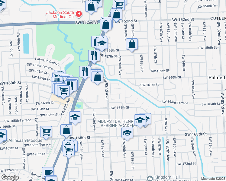 map of restaurants, bars, coffee shops, grocery stores, and more near 9058 Southwest 161st Terrace in Palmetto Bay