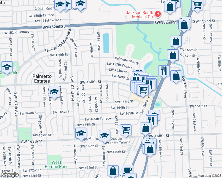 map of restaurants, bars, coffee shops, grocery stores, and more near 16112 Southwest 98th Avenue in Miami