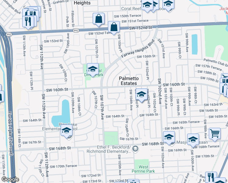 map of restaurants, bars, coffee shops, grocery stores, and more near 10531 SW 161st St in Miami