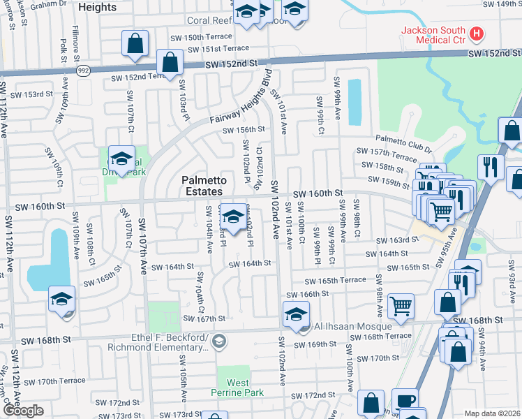 map of restaurants, bars, coffee shops, grocery stores, and more near 9116 Southwest 160th Terrace in Miami
