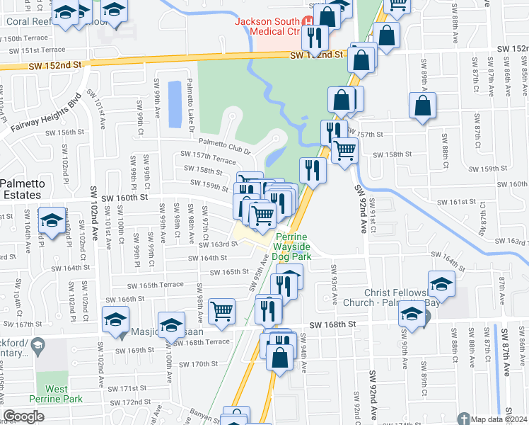 map of restaurants, bars, coffee shops, grocery stores, and more near 9585 Southwest 160th Street in Miami