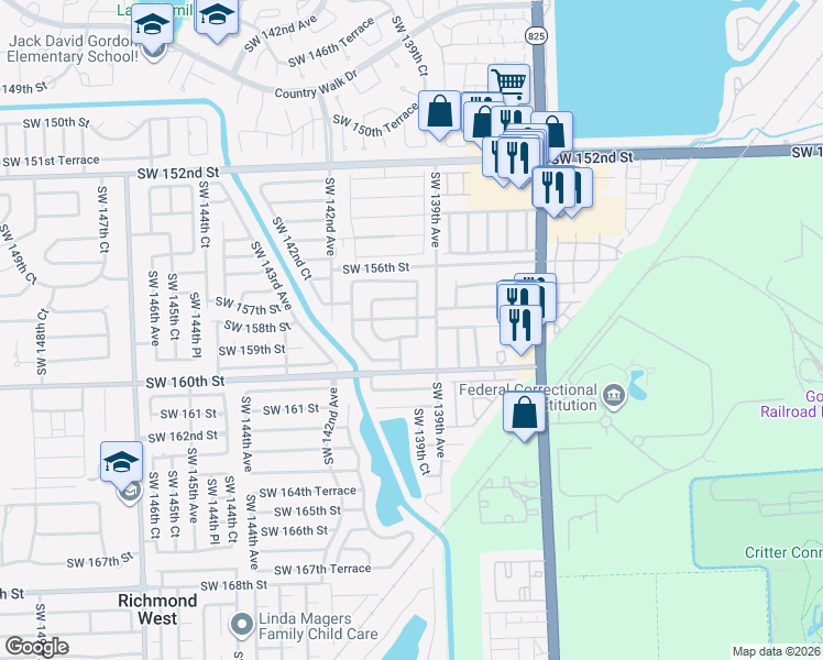 map of restaurants, bars, coffee shops, grocery stores, and more near 13925 Southwest 158th Terrace in Miami