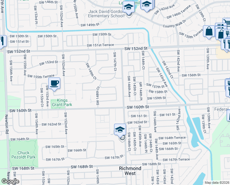 map of restaurants, bars, coffee shops, grocery stores, and more near 14721 Southwest 158th Street in Miami