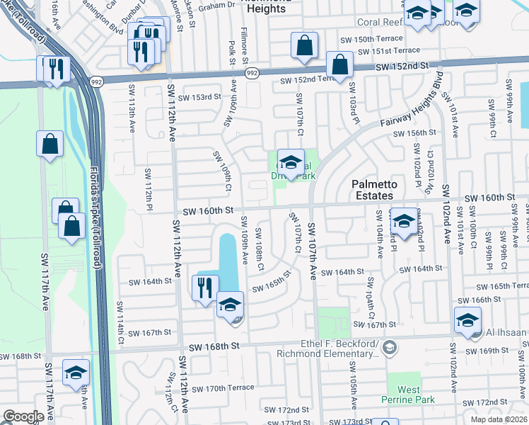 map of restaurants, bars, coffee shops, grocery stores, and more near 16030 Southwest 108th Avenue in Miami