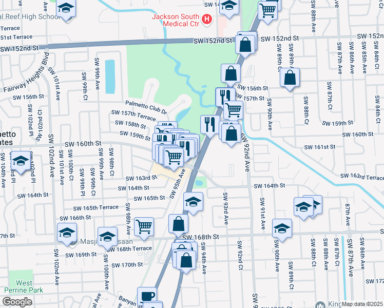 map of restaurants, bars, coffee shops, grocery stores, and more near 9485 Southwest 160th Street in Miami
