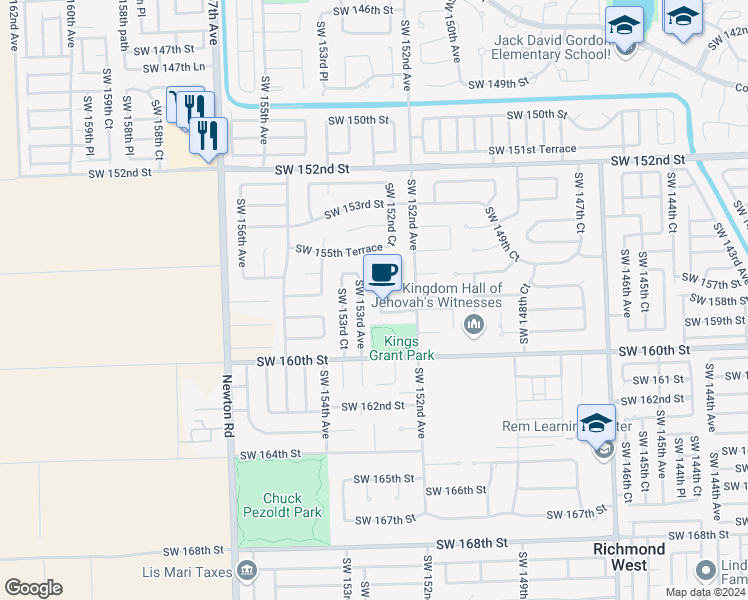 map of restaurants, bars, coffee shops, grocery stores, and more near 15740 Southwest 152nd Place in Miami