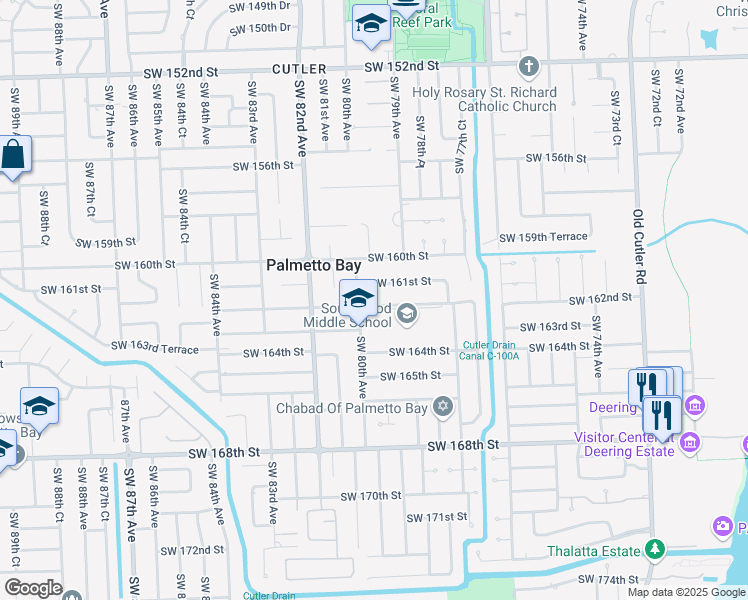 map of restaurants, bars, coffee shops, grocery stores, and more near 7975 Southwest 162nd Street in Palmetto Bay