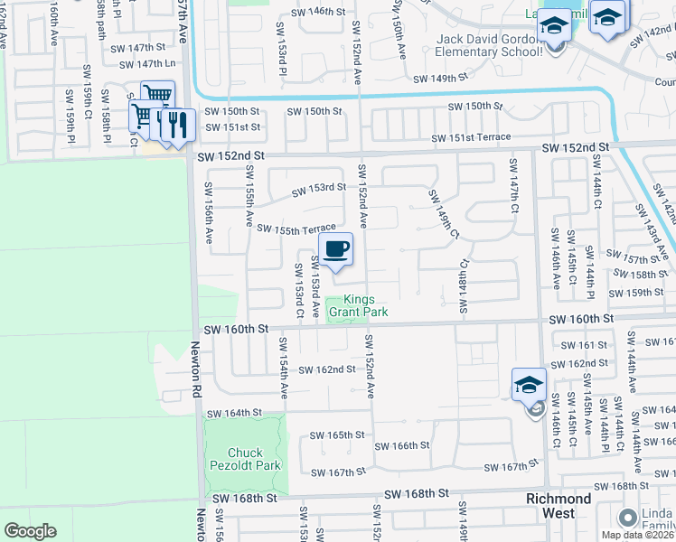 map of restaurants, bars, coffee shops, grocery stores, and more near 15760 Southwest 152nd Place in Miami