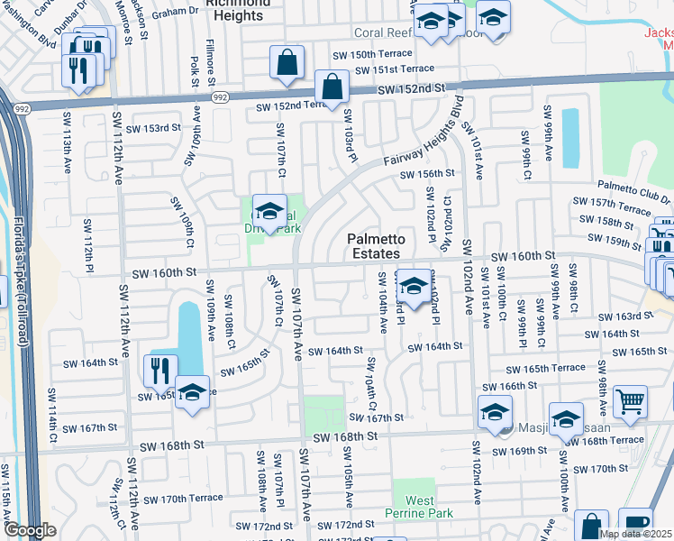 map of restaurants, bars, coffee shops, grocery stores, and more near 10520 Southwest 160th Street in Miami