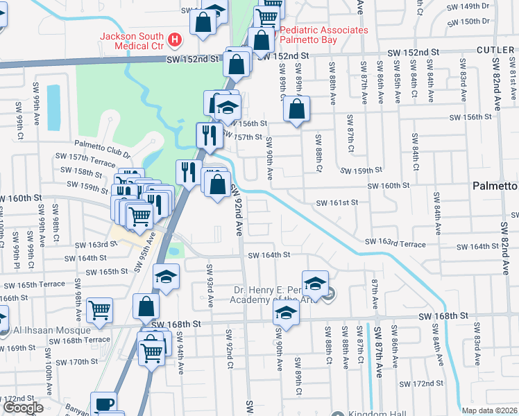 map of restaurants, bars, coffee shops, grocery stores, and more near 9058 Southwest 161st Terrace in Palmetto Bay
