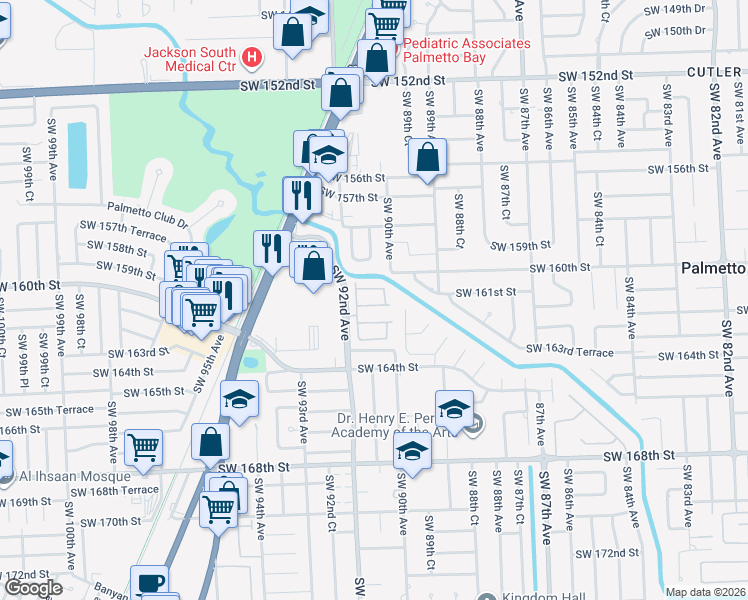map of restaurants, bars, coffee shops, grocery stores, and more near 9058 Southwest 161st Terrace in Palmetto Bay