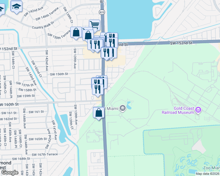 map of restaurants, bars, coffee shops, grocery stores, and more near 13302 Southwest 152nd Street in Miami