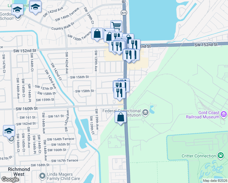 map of restaurants, bars, coffee shops, grocery stores, and more near 13802 Southwest 158th Terrace in Miami