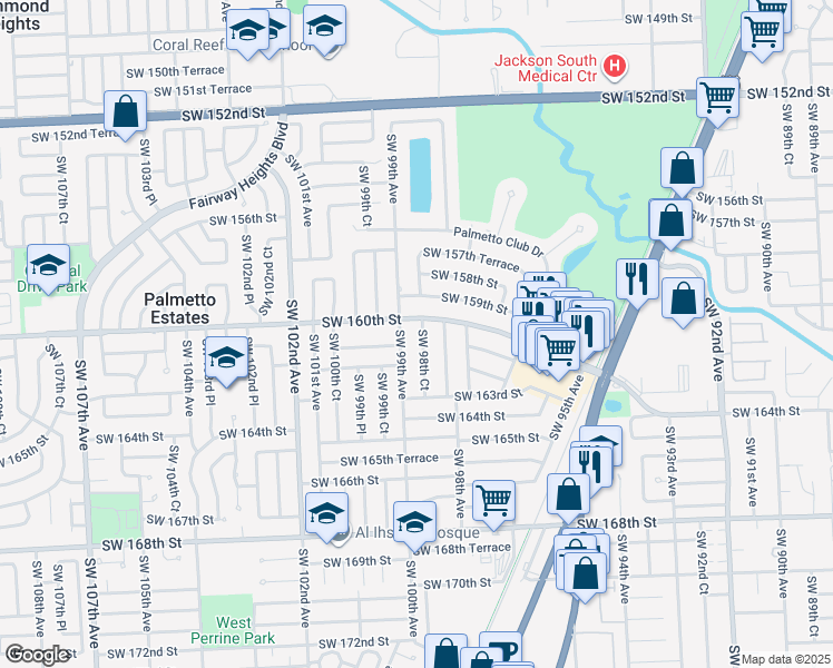 map of restaurants, bars, coffee shops, grocery stores, and more near 9900 Southwest 161st Street in Miami