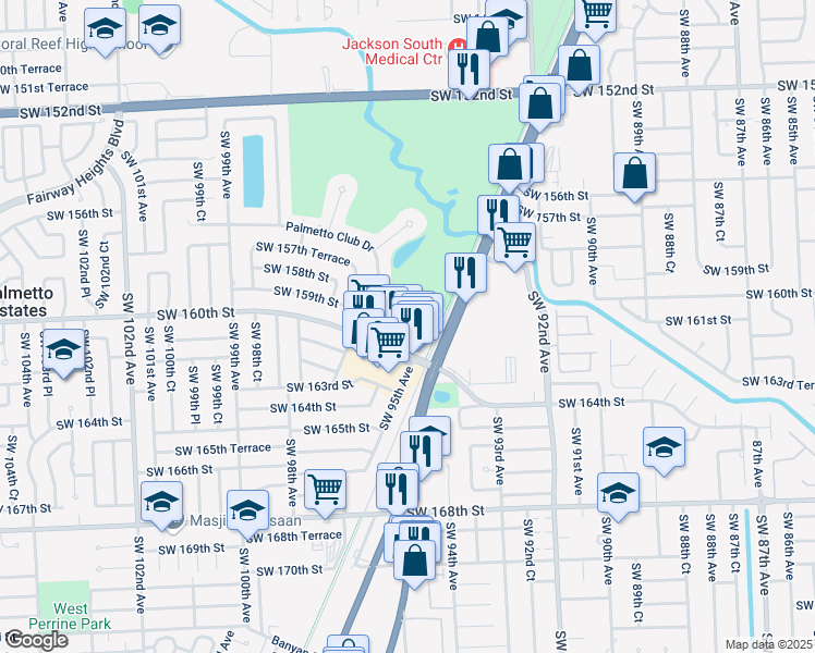 map of restaurants, bars, coffee shops, grocery stores, and more near 9485 Southwest 160th Street in Miami