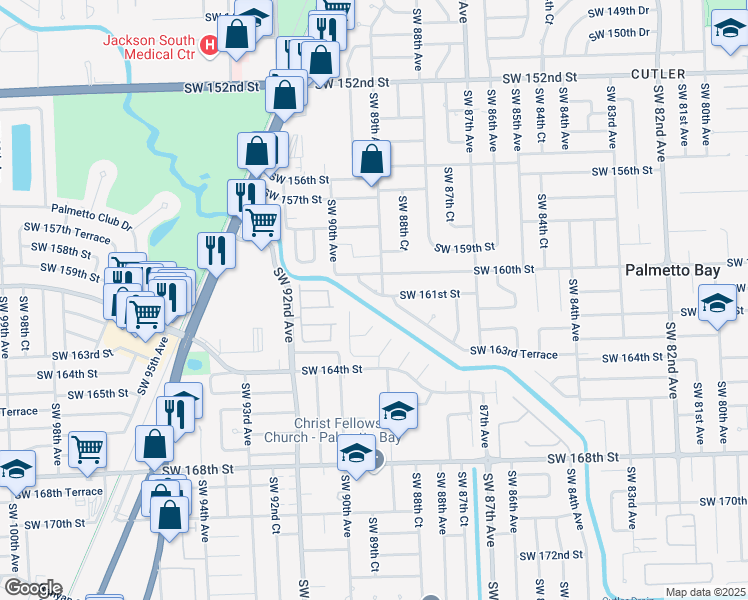 map of restaurants, bars, coffee shops, grocery stores, and more near 16120 Southwest 88th Avenue Road in Palmetto Bay