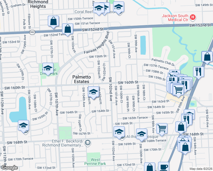 map of restaurants, bars, coffee shops, grocery stores, and more near 16100 Southwest 102nd Avenue in Miami