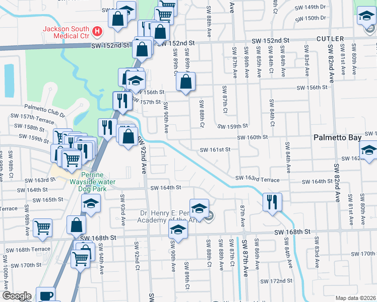 map of restaurants, bars, coffee shops, grocery stores, and more near 16120 Southwest 88th Avenue Road in Palmetto Bay