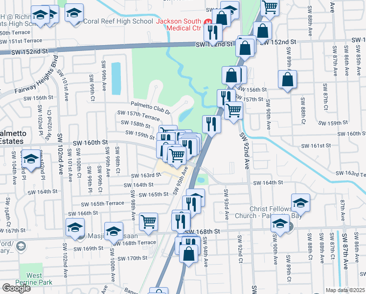 map of restaurants, bars, coffee shops, grocery stores, and more near 9585 Southwest 160th Street in Miami