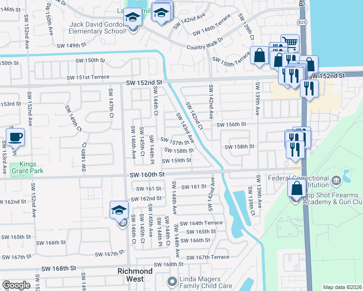 map of restaurants, bars, coffee shops, grocery stores, and more near 14402 Southwest 158th Street in Miami